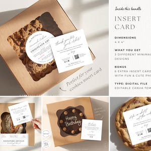 May include: A digital file bundle featuring insert card designs. The cards are 4 x 4 inches and include 3 minimal style designs, plus 6 extra designs with fun phrases. The image shows cookies and bread with the insert cards.