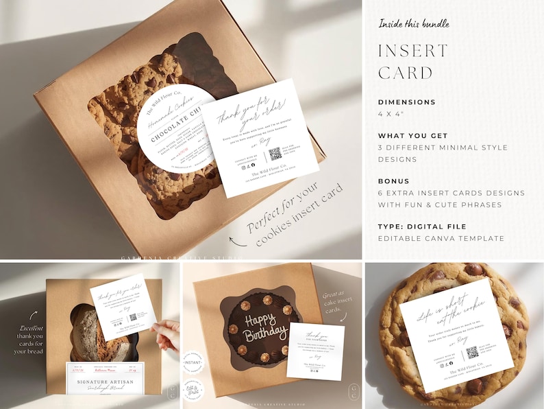May include: A digital file bundle featuring insert card designs. The cards are 4 x 4 inches and include 3 minimal style designs, plus 6 extra designs with fun phrases. The image shows cookies and bread with the insert cards.