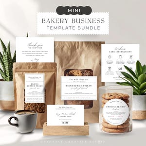May include: A selection of bakery business templates, including packaging, labels, and cards. The image shows a brown paper bag, a clear container of chocolate chip cookies, and a cup of coffee. The text includes "BAKERY BUSINESS TEMPLATE BUNDLE".