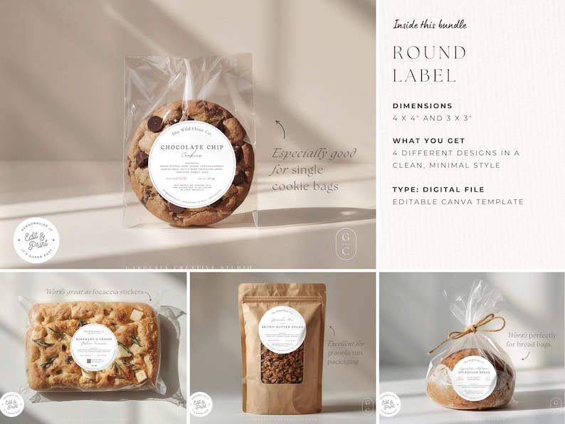 May include: A digital file bundle featuring round labels. The image shows a chocolate chip cookie in a clear bag with a round label. The text on the label reads "Chocolate Chip Cookies". The bundle includes 4 designs in a clean, minimal style.