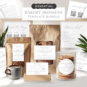 May include: A collection of bakery business templates, including order forms, price lists, and packaging labels. The image features a variety of baked goods, such as cookies and bread, along with decorative plants and a cup of coffee. The text "Essential Bakery Business Template Bundle" is displayed.