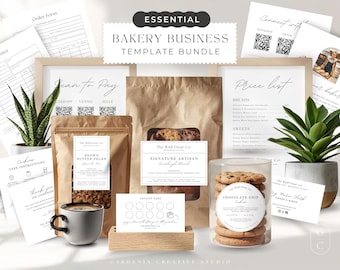 Op de afbeelding: Een verzameling sjablonen voor bakkerijen, waaronder bestelformulieren, prijslijsten en verpakkingsetiketten. De afbeelding toont verschillende bakkerijproducten, zoals koekjes en brood, samen met decoratieve planten en een kopje koffie. De tekst "Essential Bakery Business Template Bundle" wordt weergegeven.