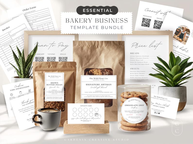 May include: A collection of bakery business templates, including order forms, price lists, and packaging labels. The image features a variety of baked goods, such as cookies and bread, along with decorative plants and a cup of coffee. The text "Essential Bakery Business Template Bundle" is displayed.