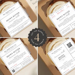 May include: Four square labels for "Brown Butter Cinnamon Rolls" in a box. Each label has the text "The Wild Flour Co." and the words "Brown Butter Cinnamon Rolls". The labels are white with black text.