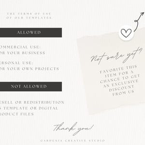 May include: A digital template terms of use graphic with text that reads "Allowed" and "Not Allowed". The graphic also includes the text "Not sure yet? Favorite this item for a chance to get an exclusive discount from us."