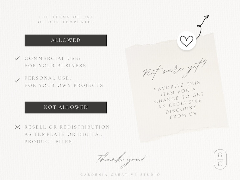 May include: A digital template terms of use graphic with text that reads "Allowed" and "Not Allowed". The graphic also includes the text "Not sure yet? Favorite this item for a chance to get an exclusive discount from us."