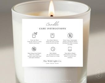 May include: A white frosted glass candle with a lit wick and a square instructional card featuring black text and icons. The card includes the title Candle CARE INSTRUCTIONS and details on trimming the wick to 1/4 inch, burning safely, and safety warnings.