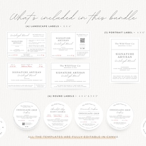 May include: A collection of editable label templates, including landscape, portrait, and round designs. The labels feature text such as "Signature Artisan" and "Chocolate Chip Cookie". The image includes the text "Edit & Print" and "Editable with Canva".