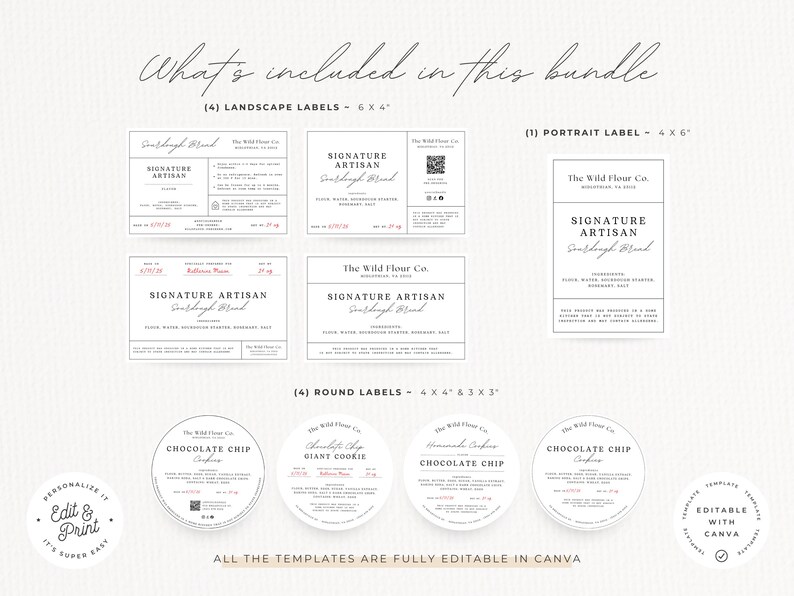 May include: A collection of editable label templates, including landscape, portrait, and round designs. The labels feature text such as "Signature Artisan" and "Chocolate Chip Cookie". The image includes the text "Edit & Print" and "Editable with Canva".