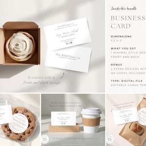 May include: A digital business card template bundle featuring a minimalist design. The image shows the business card with a cinnamon roll, a cookie, a coffee cup, and bread. The text on the card reads "The Wild Flour Co."
