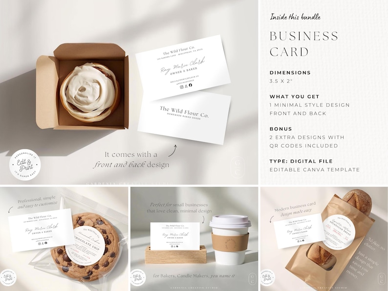 May include: A digital business card template bundle featuring a minimalist design. The image shows the business card with a cinnamon roll, a cookie, a coffee cup, and bread. The text on the card reads "The Wild Flour Co."