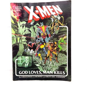 May include: A vintage X-Men comic book titled "God Loves, Man Kills." The cover features a group of costumed superheroes, with the title in bold red and white letters. The comic is a Marvel Graphic Novel.