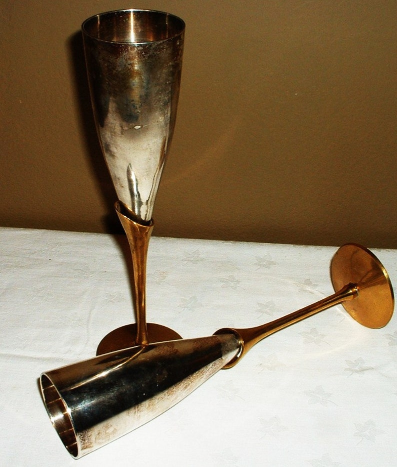 Set of 2 Beautiful Silver and Brass Champagne Flutes Wine Etsy
