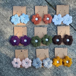Crochet Puff Flower Earrings, Handmade Earrings, Gem Accents, Puff Flower Jewelry, Unique Gift for Her