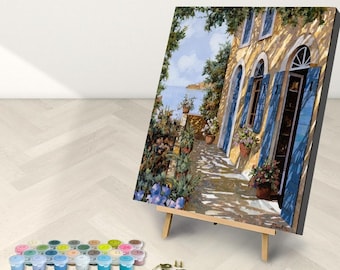 Framed or Frameless Paint by Numbers Kit for Adults with Stand, vintage art yellow house, Altre Porte Blu #1 by Guido Borelli, PBN Kit