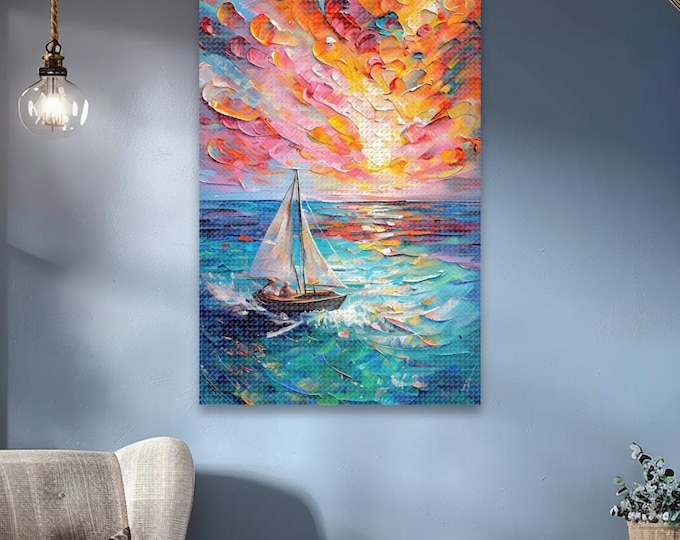 Sailboat Diamond Painting Kit: DIY Acrylic Art, Vibrant Colors (20"x28") Framed, Frameless