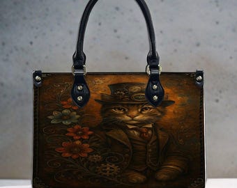 Steampunk Cat, Vegan Leather Tote – Victorian Gothic Handbag, Adjustable Strap and Top Handle bag