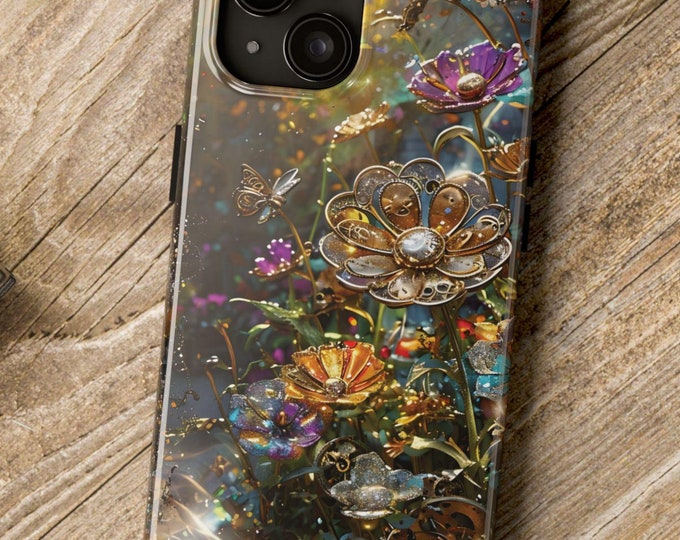 Steampunk Flowers Tough Phone Case, Mechanical Design, Vivid Colors, Alternative Phone Cover, Protective Smartphone Case, Unique Tech,