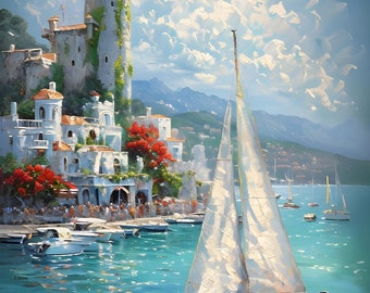 Sailboat Diamond Painting Kit: Castle Seascape DIY Home Decor (Framed or Frameless)