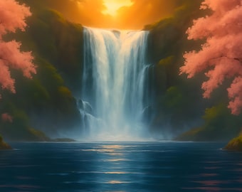 Waterfall Diamond Painting Kit: Sunset Blossoms DIY Art (12x16, 16"x20", 20”x28”), Framed or Frameless