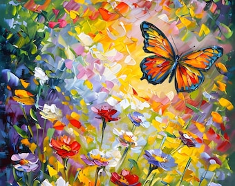 Butterfly Paint by Numbers Kit: Vibrant Floral Background, Framed or Frameless Canvas