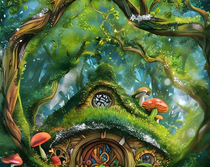 Diamond Painting, Magical Forest Gnome Home, DIY, Diamond Painting with Frame, Framed Canvas, 20"x28” or 16”x20”, Diamond Art, Hobbit House