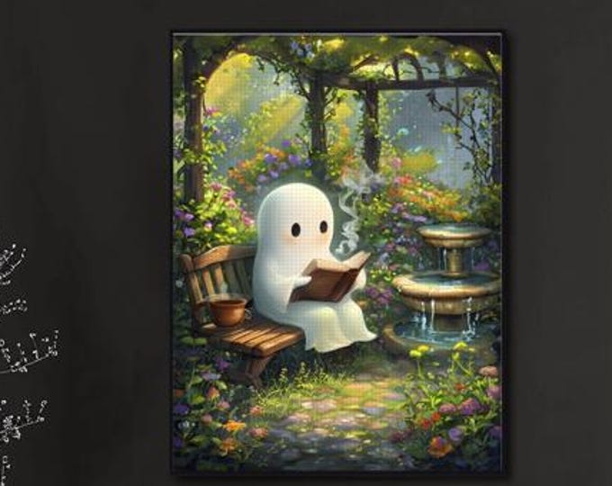 Garden Ghost Reading, Diamond Painting, DIY Art Full Kit, Art, Free Shipping, Craft Kit, Creative Gift, Diamond Art,