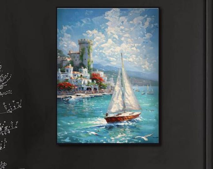 Sailboat Diamond Painting Kit: Castle Seascape DIY Home Decor (Framed or Frameless)