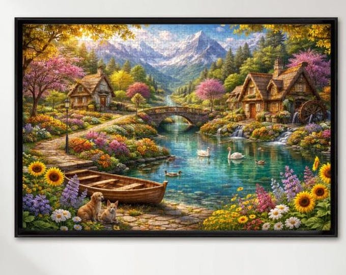 Cottage Garden Spring Landscape Puzzle: 1000 Piece Wooden Village Scene