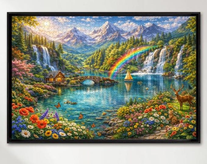 Rainbow Mountain Lake Wood Puzzle, 500/1000 Piece Scenic Waterfall Landscape