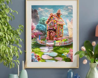 Whimsical Candy Cottage Fine Art Poster, Sweet Home Decor, Dreamy Wall Art, Gift for Kids, Nursery Decoration, Happy Vibes