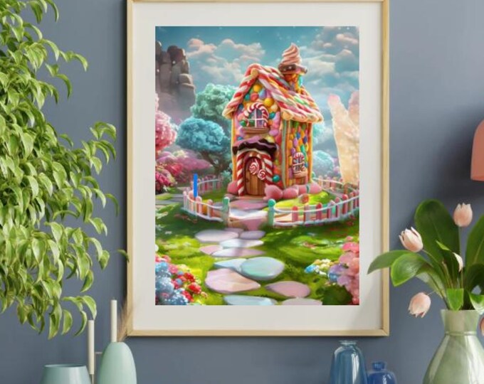 Whimsical Candy Cottage Fine Art Poster, Sweet Home Decor, Dreamy Wall Art, Gift for Kids, Nursery Decoration, Happy Vibes
