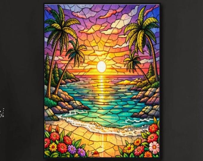 Stained Glass Beach Diamond Painting Kit | Tropical Sunset Ocean Wall Art | Full Drill DIY Diamond Art Canvas | Coastal Craft Gift