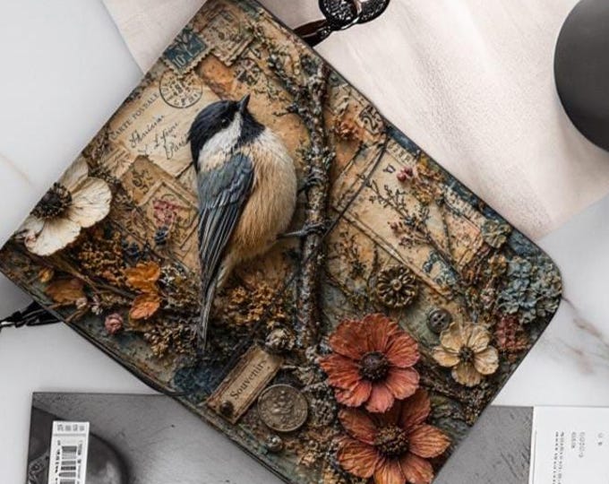 Chickadee Bird Phone Purse, Rustic Floral Crossbody Wallet, Microfiber PU Leather Bag
