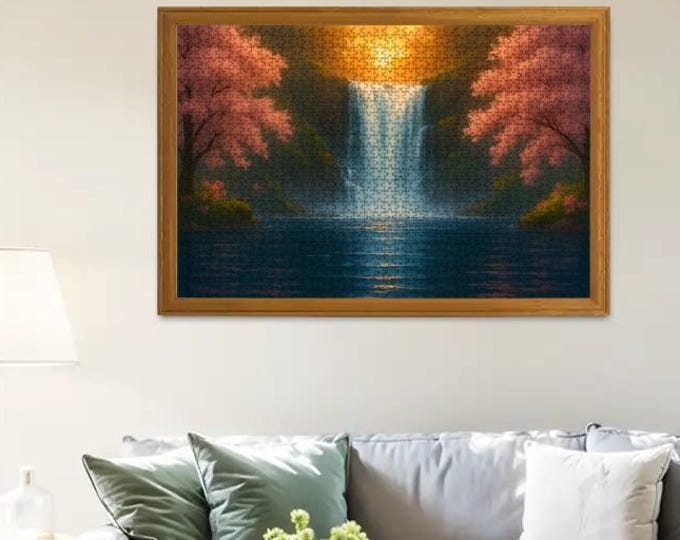 Waterfall Oasis, Oak Wood Waterfall Sunset Jigsaw Puzzle: 500 or 1000 Pieces