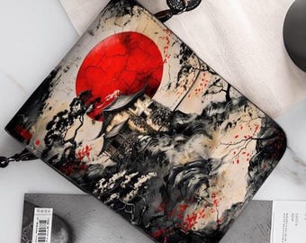 Japanese Art Phone Purse, Red Sun Crossbody Phone Bag for Women, Asian Landscape Cell Phone Wallet, PU Leather Shoulder Bag, Gift for Her