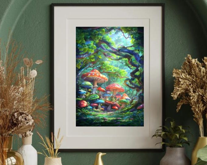 Whimsical Mushroom Forest Art Print, Nature Wall Decor, Fantasy Artwork, Botanical Poster, Eco-Friendly Home Decor