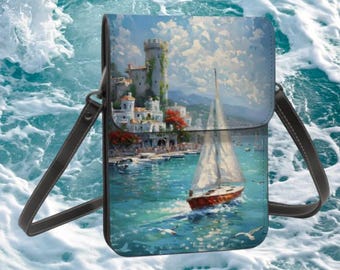 Sailing Cell Phone Purse, Sailboat Castle Art, Crossbody Bag