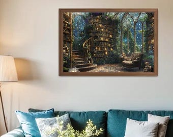 Magical Starlight Sky Library, Wooden Jigsaw Puzzles 500 or 1000 pieces, Dream Library Unique Fantasy Design, Star Filled Sky, High Quality