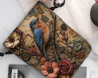 Bluebird Phone Purse Crossbody Bag, Bird Lover Cell Phone Wallet for Women, Floral Songbird Shoulder Bag, Rustic Cottagecore Nature Gift