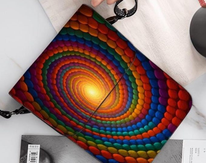 Rainbow Swirl Leather Cell Phone Purse: Hypnotic Spiral Crossbody Bag