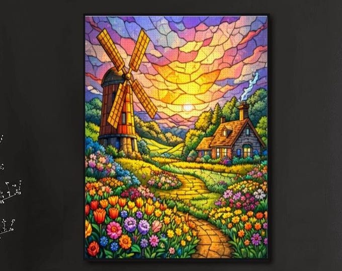 Stained Glass Windmill Diamond Painting Kit | Countryside Cottage Floral Landscape Wall Art | Full Drill DIY Diamond Art Canvas