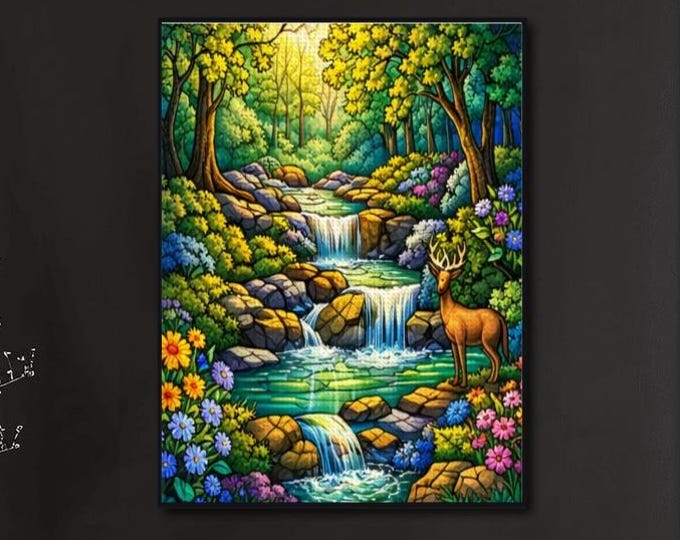 Stained Glass Forest Diamond Painting Kit | Deer Waterfall Nature Wall Art | Full Drill DIY Diamond Art Canvas | Woodland Craft Gift
