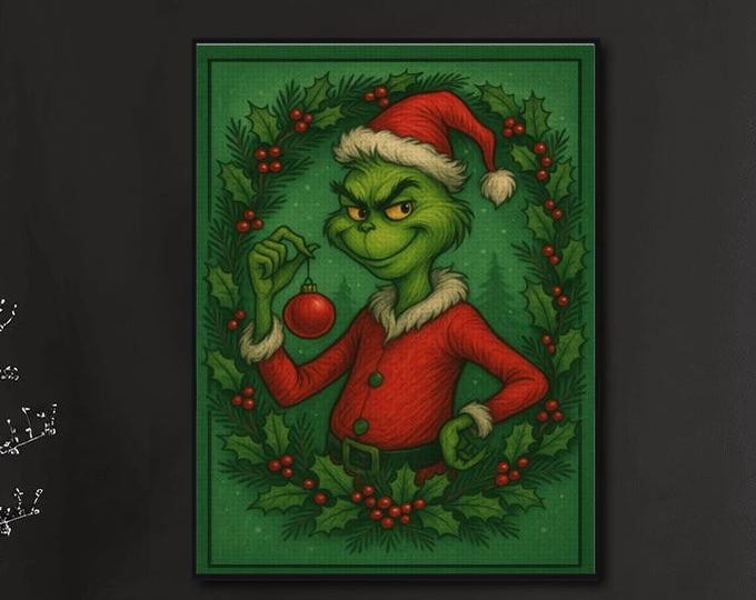 Grinch, Holiday Mischief Wreath, Diamond Painting Kit | Christmas DIY Craft | Festive Diamond Art Canvas