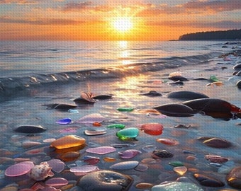 Sea Glass Diamond Painting, Sunset on the Beach Art, DIY Kit, 16x20 Diamond Kit, Craft Activity, Creative Gift, Home Decor, Magical Beach