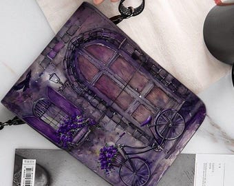 Purple Door Leather Cell Phone Purse: Crow, Bicycle Art Design
