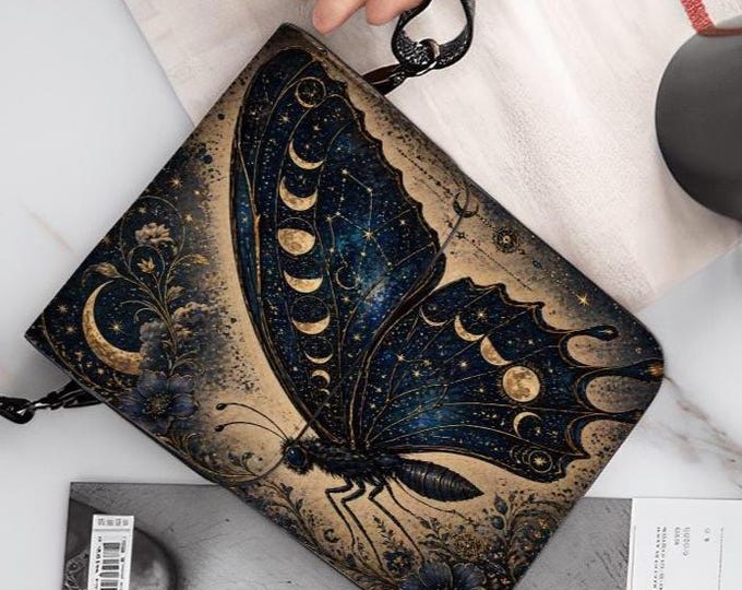 Celestial Butterfly Phone Purse Crossbody Bag, Moon Phase Cell Phone Wallet, Mystic Gothic Butterfly Shoulder Bag, Lunar Gift for Women