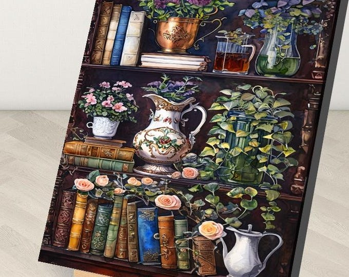 Bookshelf Art, Framed Paint by Numbers Kit with Stand, Painting of Vintage Books and Plants on a Bookshelf, Frameless Kit Available