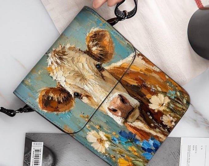 Cow Phone Purse Crossbody Bag, Farmhouse Floral Cell Phone Wallet, Rustic Country Cow Shoulder Bag, Farm Animal Gift for Women