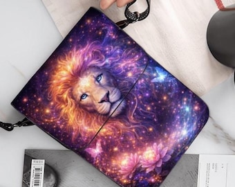 Galaxy Lion Phone Purse, Cosmic Purple PU Leather Crossbody Bag